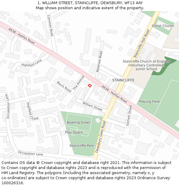 1, WILLIAM STREET, STAINCLIFFE, DEWSBURY, WF13 4AY: Location map and indicative extent of plot