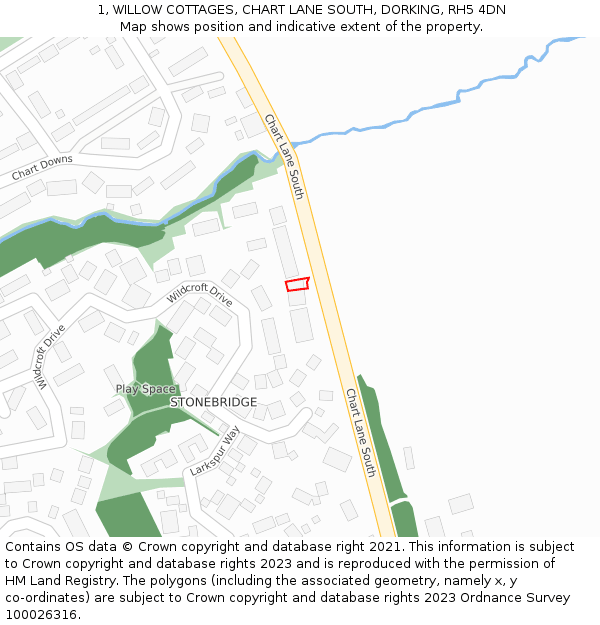1, WILLOW COTTAGES, CHART LANE SOUTH, DORKING, RH5 4DN: Location map and indicative extent of plot