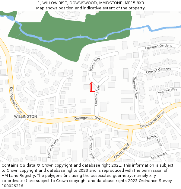 1, WILLOW RISE, DOWNSWOOD, MAIDSTONE, ME15 8XR: Location map and indicative extent of plot