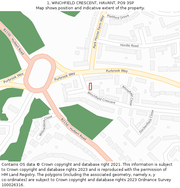 1, WINCHFIELD CRESCENT, HAVANT, PO9 3SP: Location map and indicative extent of plot