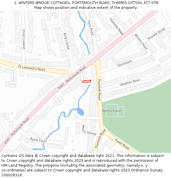 1, WINTERS BRIDGE COTTAGES, PORTSMOUTH ROAD, THAMES DITTON, KT7 0TB: Location map and indicative extent of plot