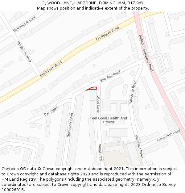 1, WOOD LANE, HARBORNE, BIRMINGHAM, B17 9AY: Location map and indicative extent of plot