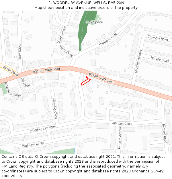 1, WOODBURY AVENUE, WELLS, BA5 2XN: Location map and indicative extent of plot