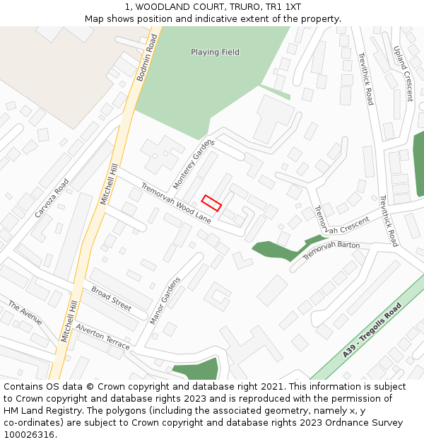 1, WOODLAND COURT, TRURO, TR1 1XT: Location map and indicative extent of plot