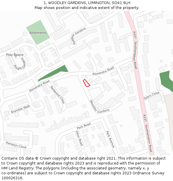 1, WOODLEY GARDENS, LYMINGTON, SO41 9LH: Location map and indicative extent of plot