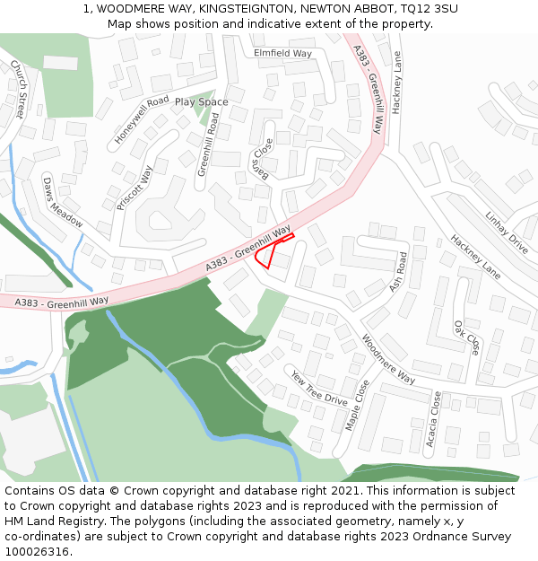 1, WOODMERE WAY, KINGSTEIGNTON, NEWTON ABBOT, TQ12 3SU: Location map and indicative extent of plot