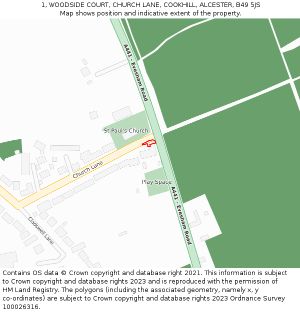1, WOODSIDE COURT, CHURCH LANE, COOKHILL, ALCESTER, B49 5JS: Location map and indicative extent of plot