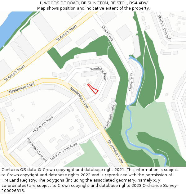 1, WOODSIDE ROAD, BRISLINGTON, BRISTOL, BS4 4DW: Location map and indicative extent of plot
