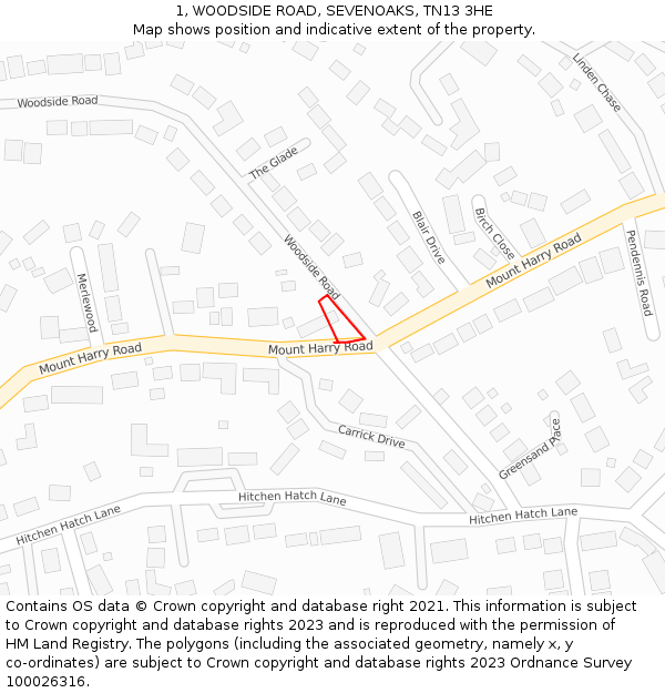 1, WOODSIDE ROAD, SEVENOAKS, TN13 3HE: Location map and indicative extent of plot