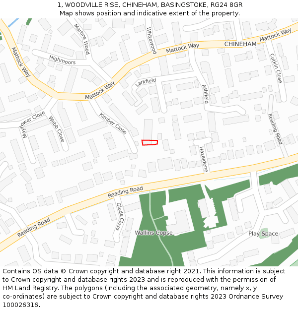 1, WOODVILLE RISE, CHINEHAM, BASINGSTOKE, RG24 8GR: Location map and indicative extent of plot