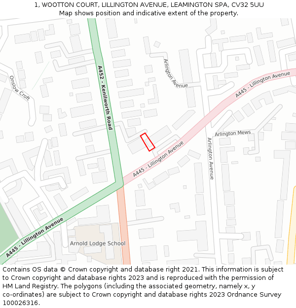 1, WOOTTON COURT, LILLINGTON AVENUE, LEAMINGTON SPA, CV32 5UU: Location map and indicative extent of plot