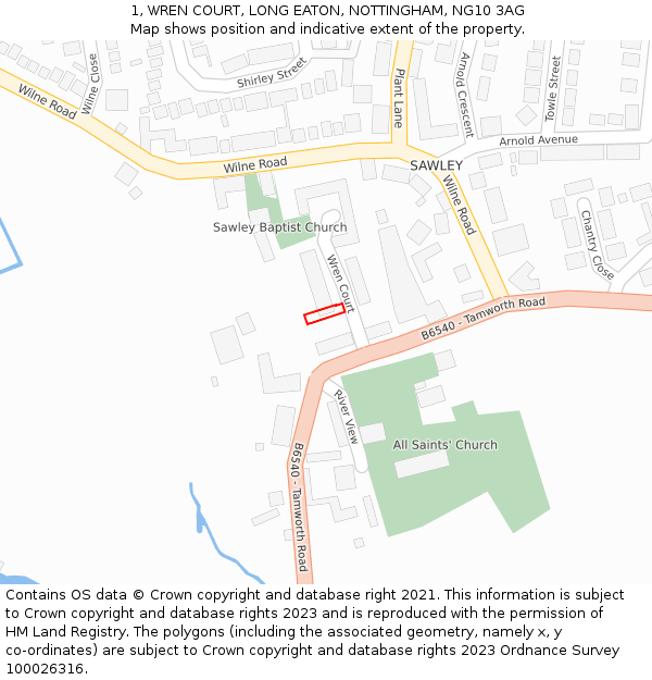 1, WREN COURT, LONG EATON, NOTTINGHAM, NG10 3AG: Location map and indicative extent of plot