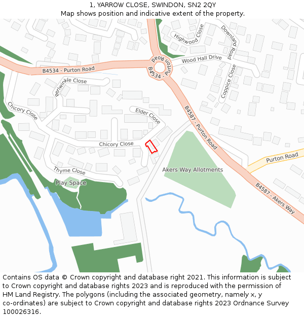 1, YARROW CLOSE, SWINDON, SN2 2QY: Location map and indicative extent of plot