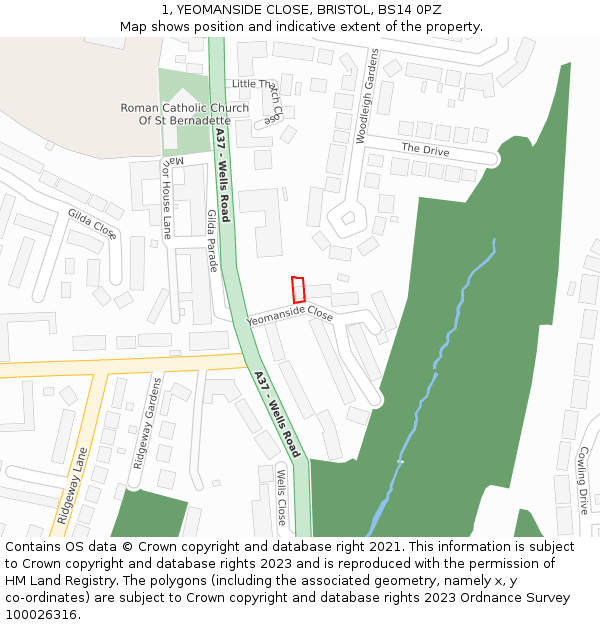 1, YEOMANSIDE CLOSE, BRISTOL, BS14 0PZ: Location map and indicative extent of plot