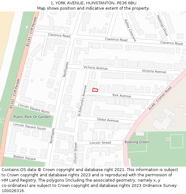 1, YORK AVENUE, HUNSTANTON, PE36 6BU: Location map and indicative extent of plot
