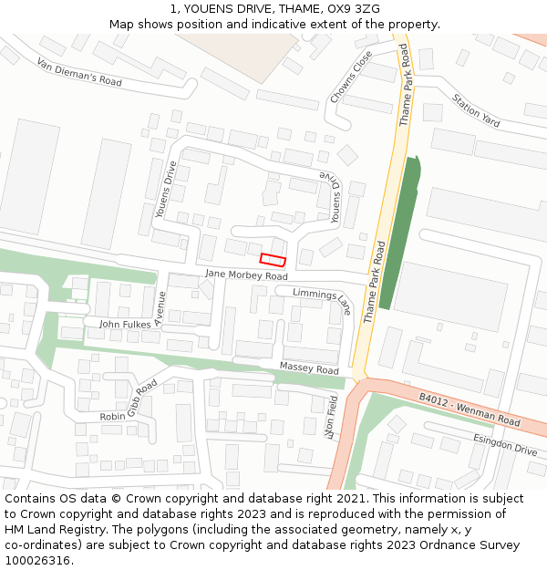 1, YOUENS DRIVE, THAME, OX9 3ZG: Location map and indicative extent of plot