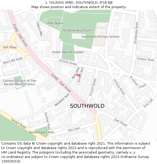 1, YOUNGS YARD, SOUTHWOLD, IP18 6JE: Location map and indicative extent of plot