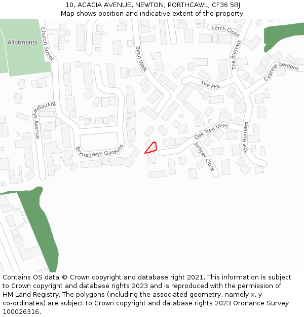 10, ACACIA AVENUE, NEWTON, PORTHCAWL, CF36 5BJ: Location map and indicative extent of plot