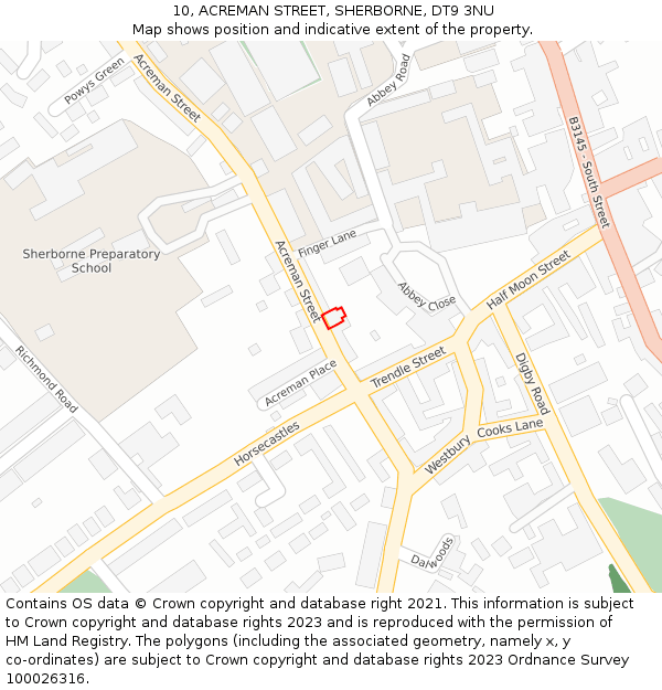 10, ACREMAN STREET, SHERBORNE, DT9 3NU: Location map and indicative extent of plot