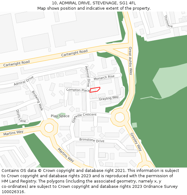 10, ADMIRAL DRIVE, STEVENAGE, SG1 4FL: Location map and indicative extent of plot