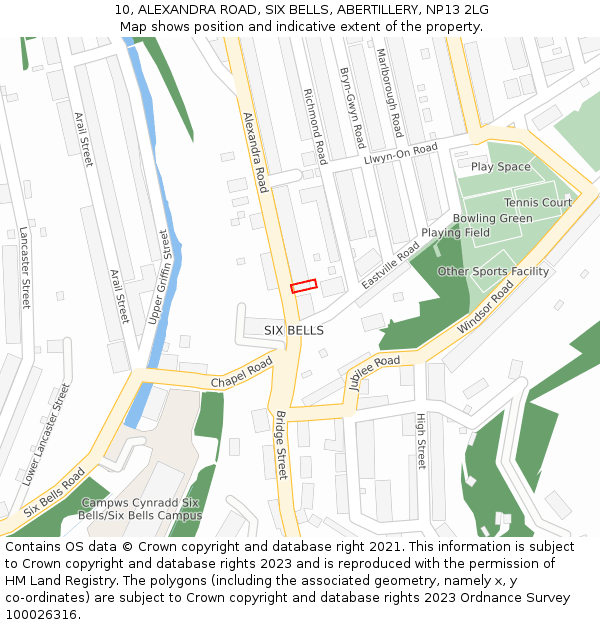 10, ALEXANDRA ROAD, SIX BELLS, ABERTILLERY, NP13 2LG: Location map and indicative extent of plot