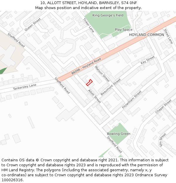 10, ALLOTT STREET, HOYLAND, BARNSLEY, S74 0NF: Location map and indicative extent of plot