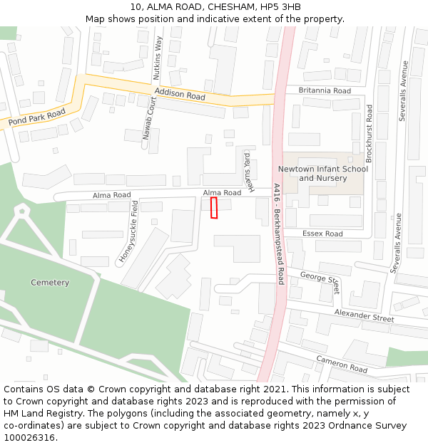 10, ALMA ROAD, CHESHAM, HP5 3HB: Location map and indicative extent of plot