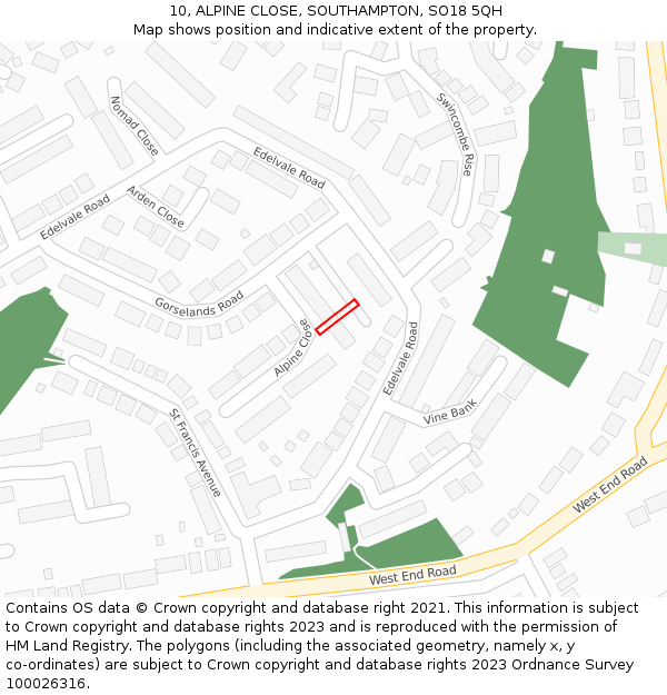 10, ALPINE CLOSE, SOUTHAMPTON, SO18 5QH: Location map and indicative extent of plot