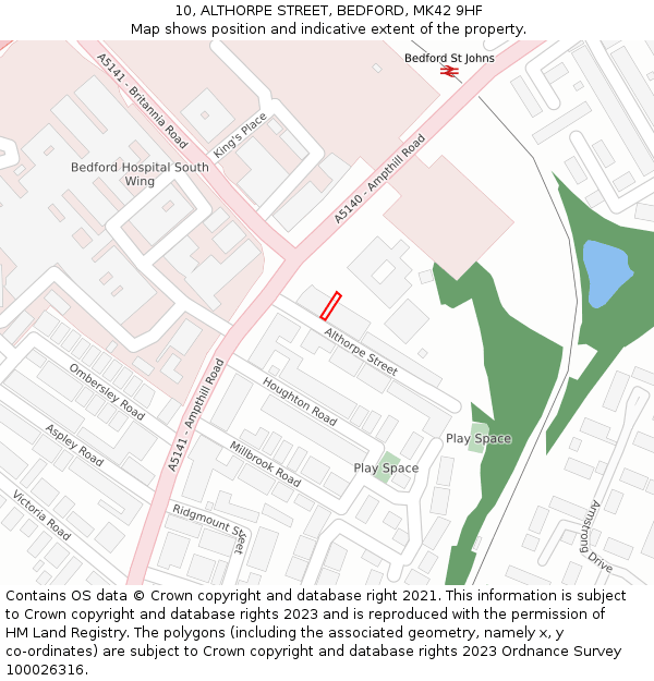 10, ALTHORPE STREET, BEDFORD, MK42 9HF: Location map and indicative extent of plot