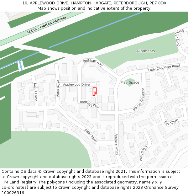 10, APPLEWOOD DRIVE, HAMPTON HARGATE, PETERBOROUGH, PE7 8DX: Location map and indicative extent of plot