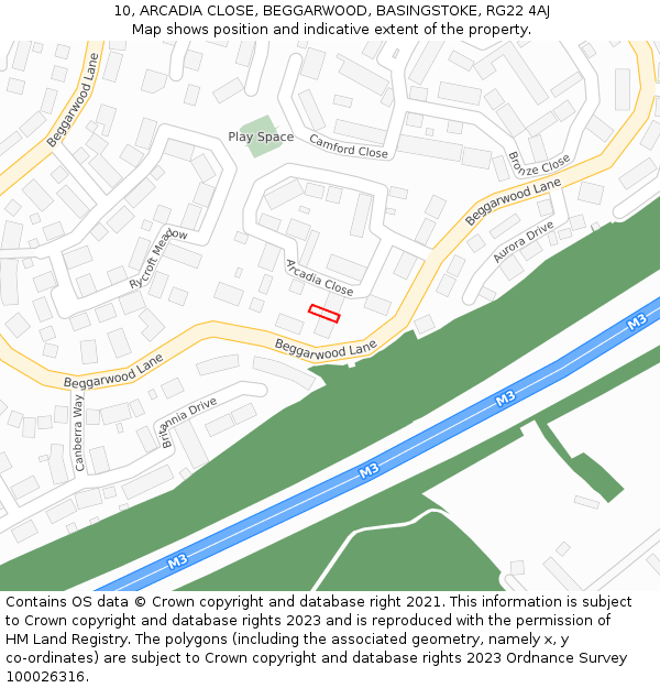 10, ARCADIA CLOSE, BEGGARWOOD, BASINGSTOKE, RG22 4AJ: Location map and indicative extent of plot