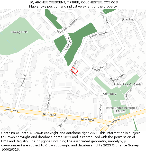 10, ARCHER CRESCENT, TIPTREE, COLCHESTER, CO5 0GS: Location map and indicative extent of plot