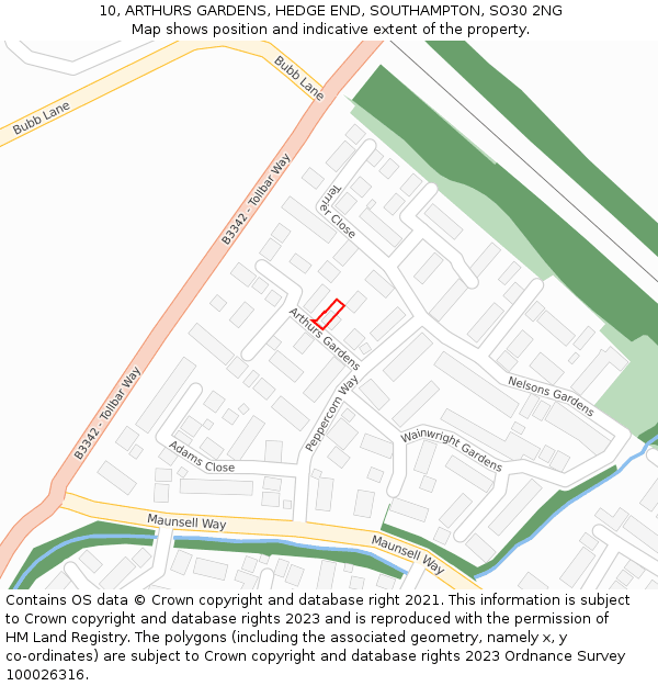 10, ARTHURS GARDENS, HEDGE END, SOUTHAMPTON, SO30 2NG: Location map and indicative extent of plot