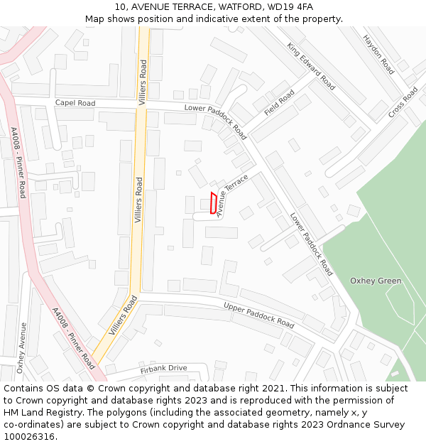 10, AVENUE TERRACE, WATFORD, WD19 4FA: Location map and indicative extent of plot