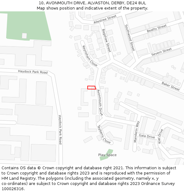 10, AVONMOUTH DRIVE, ALVASTON, DERBY, DE24 8UL: Location map and indicative extent of plot