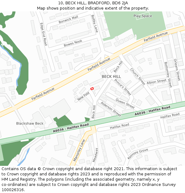 10, BECK HILL, BRADFORD, BD6 2JA: Location map and indicative extent of plot