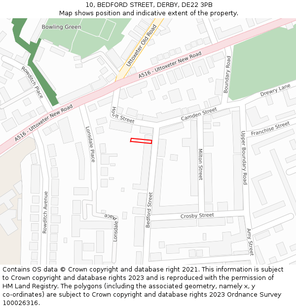 10, BEDFORD STREET, DERBY, DE22 3PB: Location map and indicative extent of plot