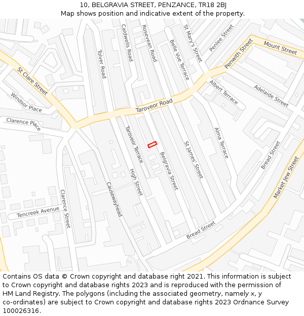 10, BELGRAVIA STREET, PENZANCE, TR18 2BJ: Location map and indicative extent of plot