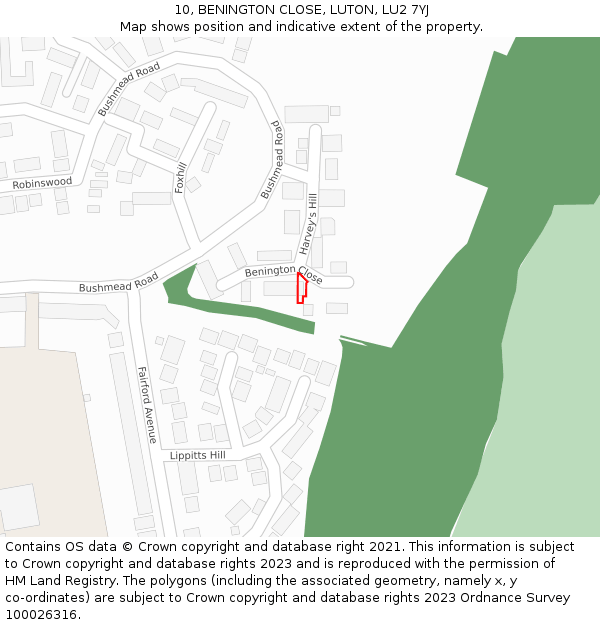 10, BENINGTON CLOSE, LUTON, LU2 7YJ: Location map and indicative extent of plot