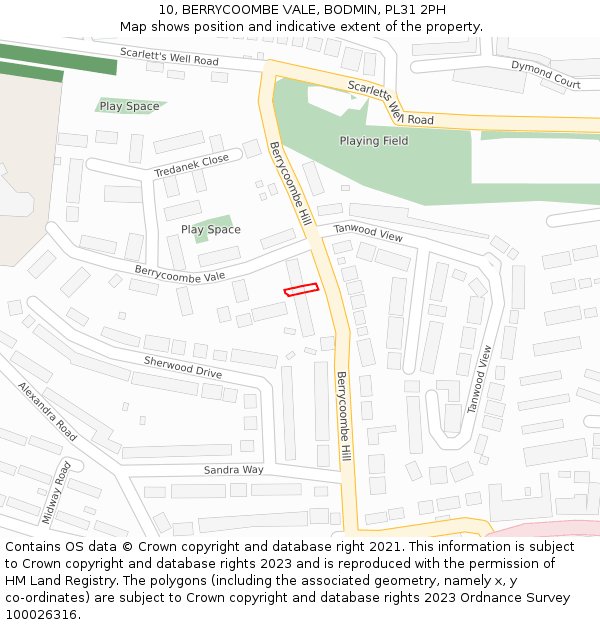 10, BERRYCOOMBE VALE, BODMIN, PL31 2PH: Location map and indicative extent of plot
