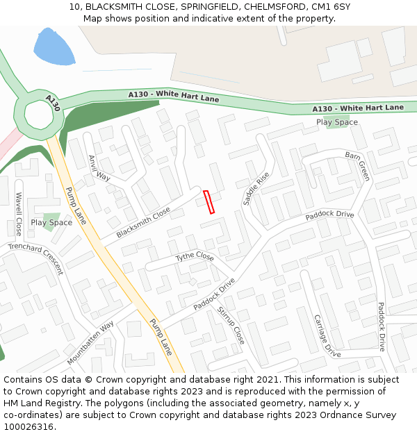 10, BLACKSMITH CLOSE, SPRINGFIELD, CHELMSFORD, CM1 6SY: Location map and indicative extent of plot