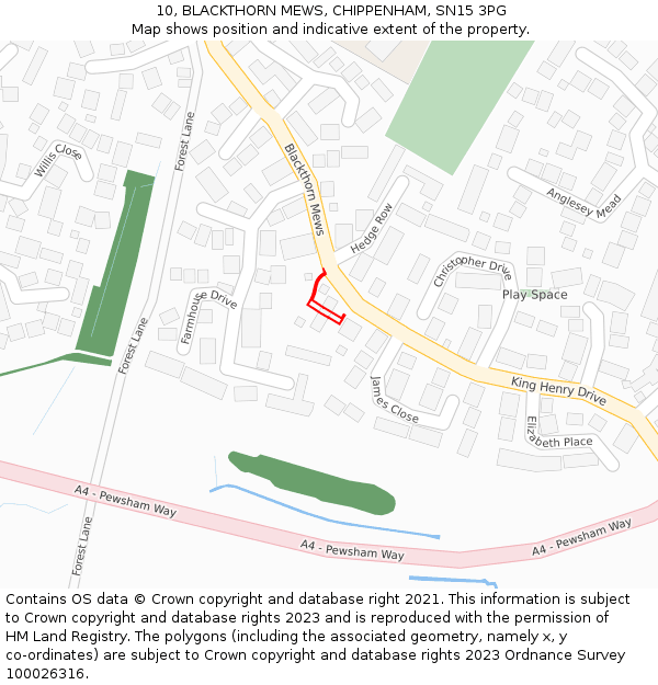 10, BLACKTHORN MEWS, CHIPPENHAM, SN15 3PG: Location map and indicative extent of plot