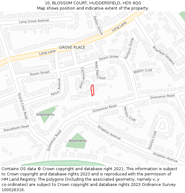 10, BLOSSOM COURT, HUDDERSFIELD, HD5 9QG: Location map and indicative extent of plot