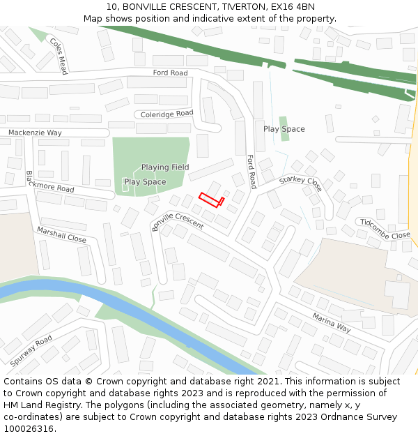 10, BONVILLE CRESCENT, TIVERTON, EX16 4BN: Location map and indicative extent of plot