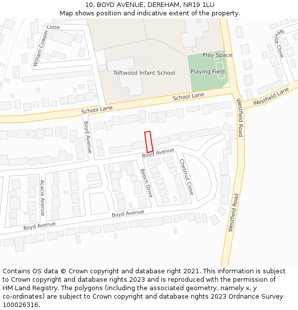 10, BOYD AVENUE, DEREHAM, NR19 1LU: Location map and indicative extent of plot