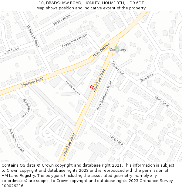 10, BRADSHAW ROAD, HONLEY, HOLMFIRTH, HD9 6DT: Location map and indicative extent of plot