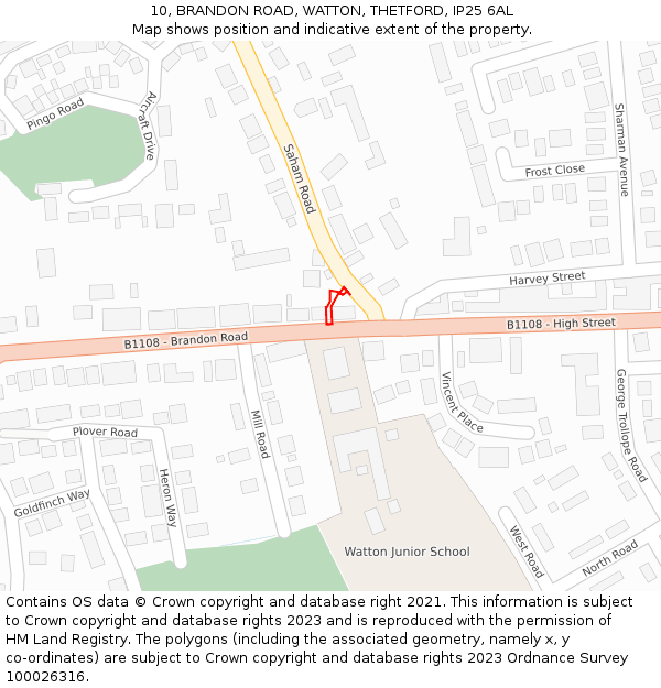 10, BRANDON ROAD, WATTON, THETFORD, IP25 6AL: Location map and indicative extent of plot