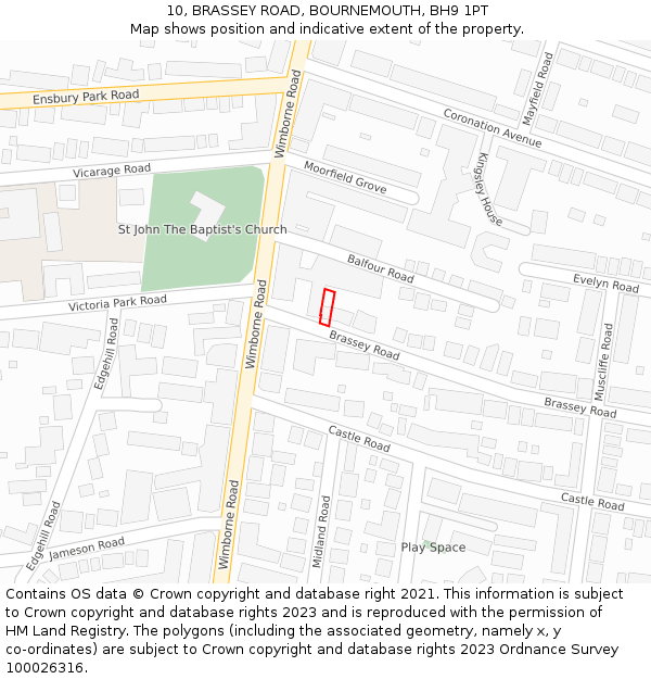 10, BRASSEY ROAD, BOURNEMOUTH, BH9 1PT: Location map and indicative extent of plot