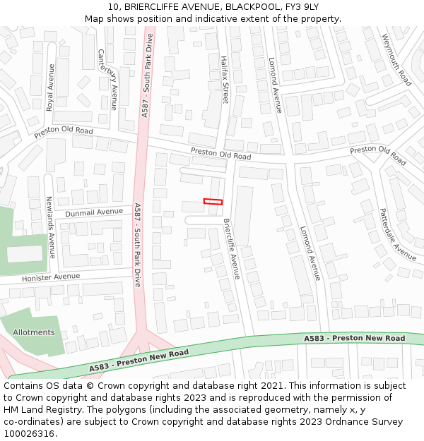 10, BRIERCLIFFE AVENUE, BLACKPOOL, FY3 9LY: Location map and indicative extent of plot