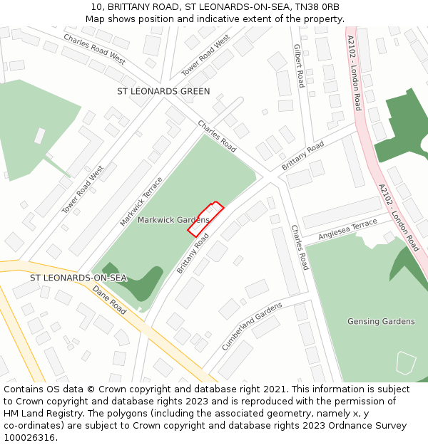 10, BRITTANY ROAD, ST LEONARDS-ON-SEA, TN38 0RB: Location map and indicative extent of plot